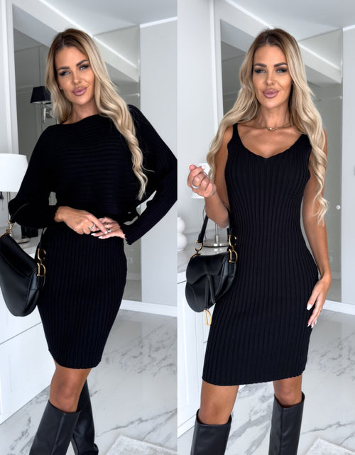 Load image into Gallery viewer, 2pcs Suit Women&#39;s Solid Stripe Long-sleeved Top And Tight Suspender Skirt Fashion Autumn Winter Slim Clothing
