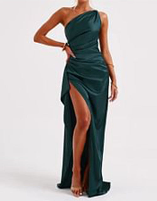 Load image into Gallery viewer, Sexy One-shoulder Backless Slit Dress Summer Elegant Slim-fit Solid Color Satin Dresses For Women
