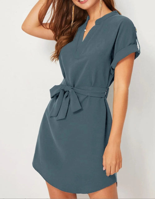 Load image into Gallery viewer, V-neck Short Sleeve Dress With Belt Summer Fashion Bowknot Dresses For Women Clothing
