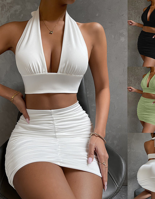Load image into Gallery viewer, 2pcs Dress Suits For Women Halter Lace-up Hip Top And Pleated Hip-covering Skirt
