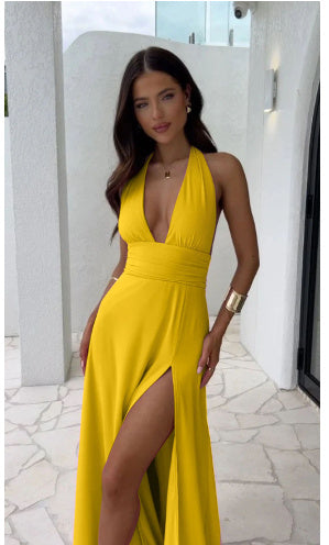 Sexy Halterneck V-neck Slit Dress Summer Backless Strappy Skirt Fashion Clothing Women