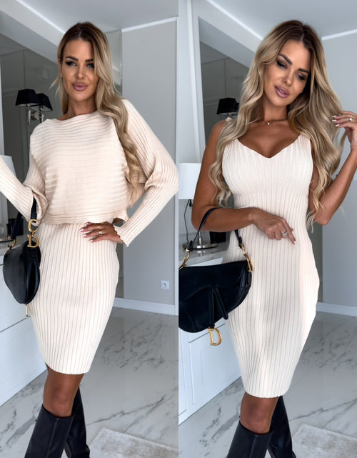 Load image into Gallery viewer, 2pcs Suit Women&#39;s Solid Stripe Long-sleeved Top And Tight Suspender Skirt Fashion Autumn Winter Slim Clothing
