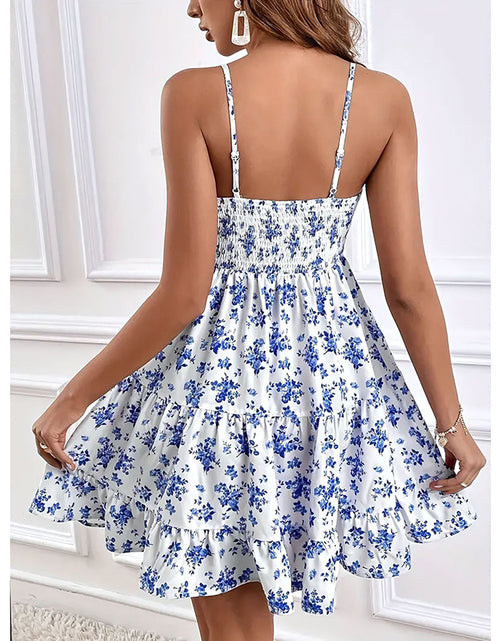 Load image into Gallery viewer, Womens Summer Floral Print Smocked Mini Dress Sleeveless Spaghetti Strap Slim Fit Flowy Dresses
