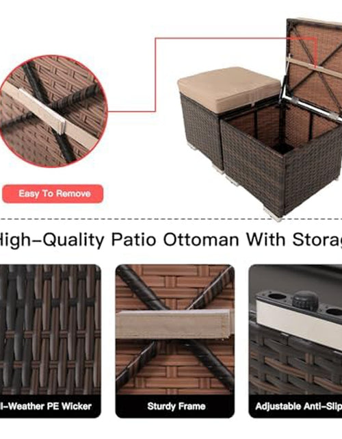 Load image into Gallery viewer, 2 Wicker Ottomans, Multipurpose Outdoor Furniture For Patio, Backyard, Additional Seating, Footrest, Side Table With Storage, Removable Cushions
