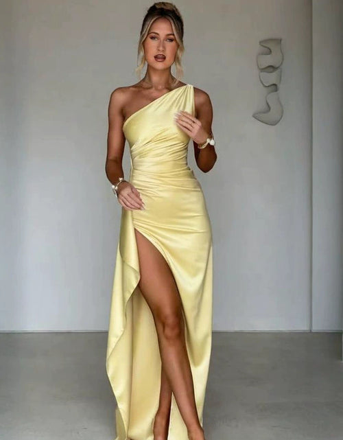Load image into Gallery viewer, Sexy One-shoulder Backless Slit Dress Summer Elegant Slim-fit Solid Color Satin Dresses For Women
