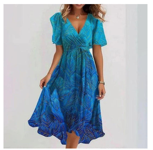 Chiffon Printed Short Sleeve Dress Summer Elegant V-neck Dresses Women's Clothing