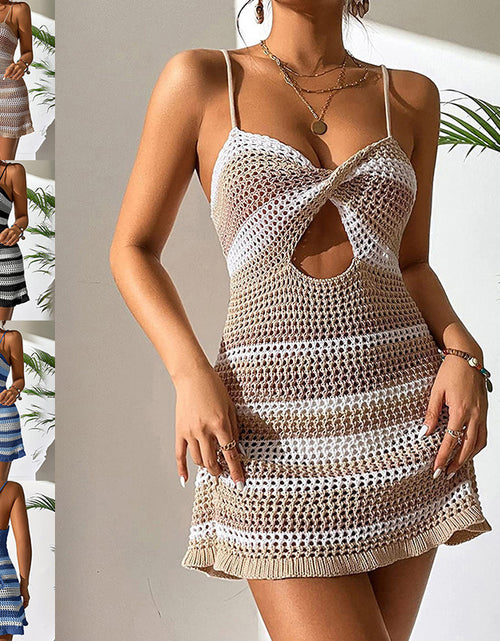 Load image into Gallery viewer, Women Knitted Spaghetti Strap Dress Summer Stripes Twisted Crochet Cutout Party Mini Dress For Beach Cocktail Nightclub
