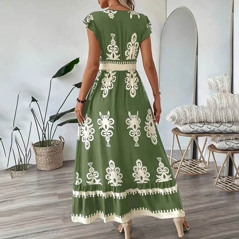 Women's Summer Flowy Maxi Dress Casual Cap Sleeve V Neck Smocked Waist Beach Sundress