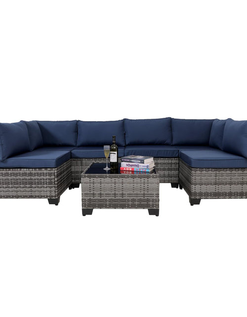 Load image into Gallery viewer, 7 Pieces Outdoor Rattan Patio Sectional Set, Black Wicker Furniture Conversation Sets With Washable Cushions &amp; Glass Coffee Table For Garden, Poolside, Backyard
