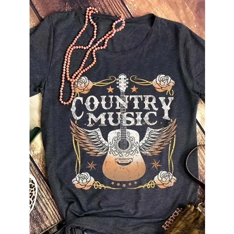 Women's Short Sleeve Round Neck T-Shirt - Winged Guitar & Letter Print, Summer Casual Tee