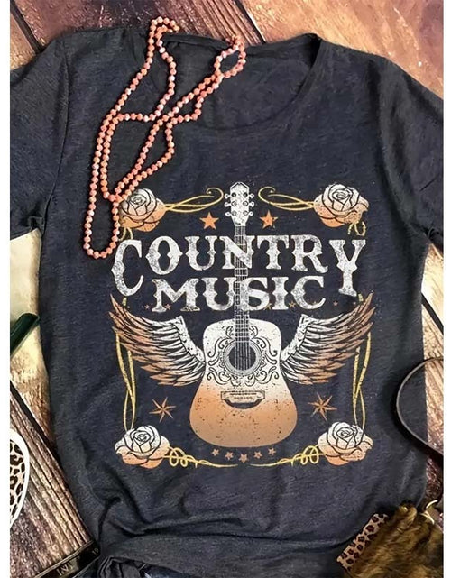 Load image into Gallery viewer, Women&#39;s Short Sleeve Round Neck T-Shirt - Winged Guitar &amp; Letter Print, Summer Casual Tee
