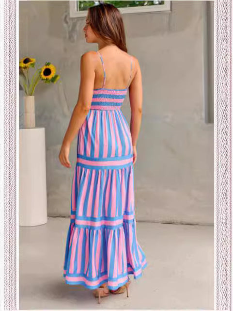 Load image into Gallery viewer, Summer Striped Printed Suspender Long Dress With Pockets Fashion Square Neck Backless Dresses For Beach Vacation Women Clothing
