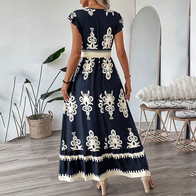 Women's Summer Flowy Maxi Dress Casual Cap Sleeve V Neck Smocked Waist Beach Sundress