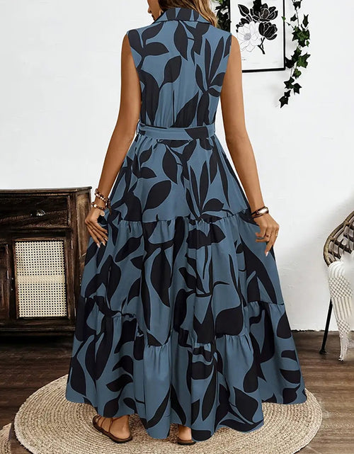 Load image into Gallery viewer, Women Sleeveless Boho Floral Maxi Dress Summer Button Shirt V Neck Flowy Belted Beach Vacation Dresses
