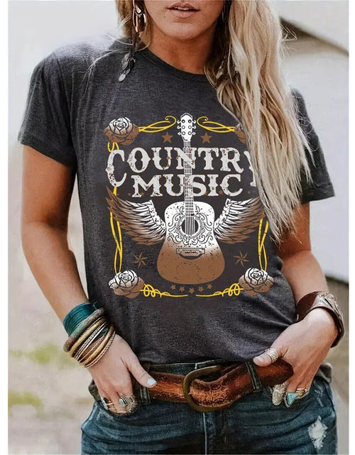 Load image into Gallery viewer, Women&#39;s Short Sleeve Round Neck T-Shirt - Winged Guitar &amp; Letter Print, Summer Casual Tee
