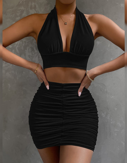 Load image into Gallery viewer, 2pcs Dress Suits For Women Halter Lace-up Hip Top And Pleated Hip-covering Skirt

