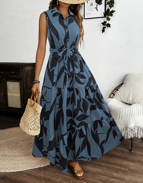 Load image into Gallery viewer, Women Sleeveless Boho Floral Maxi Dress Summer Button Shirt V Neck Flowy Belted Beach Vacation Dresses
