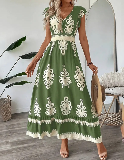 Load image into Gallery viewer, Women&#39;s Summer Flowy Maxi Dress Casual Cap Sleeve V Neck Smocked Waist Beach Sundress
