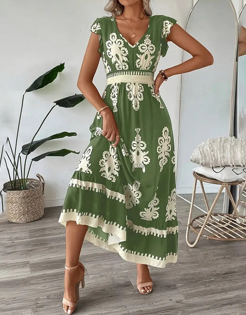 Load image into Gallery viewer, Women&#39;s Summer Flowy Maxi Dress Casual Cap Sleeve V Neck Smocked Waist Beach Sundress
