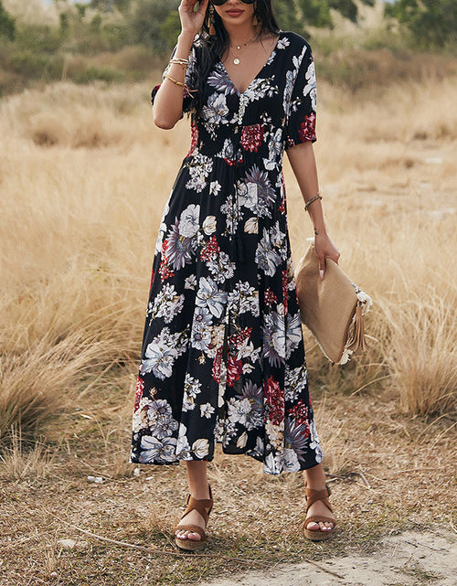Load image into Gallery viewer, Floral Summer Beach Dress With V Neck Elastic Waist Dresses For Women
