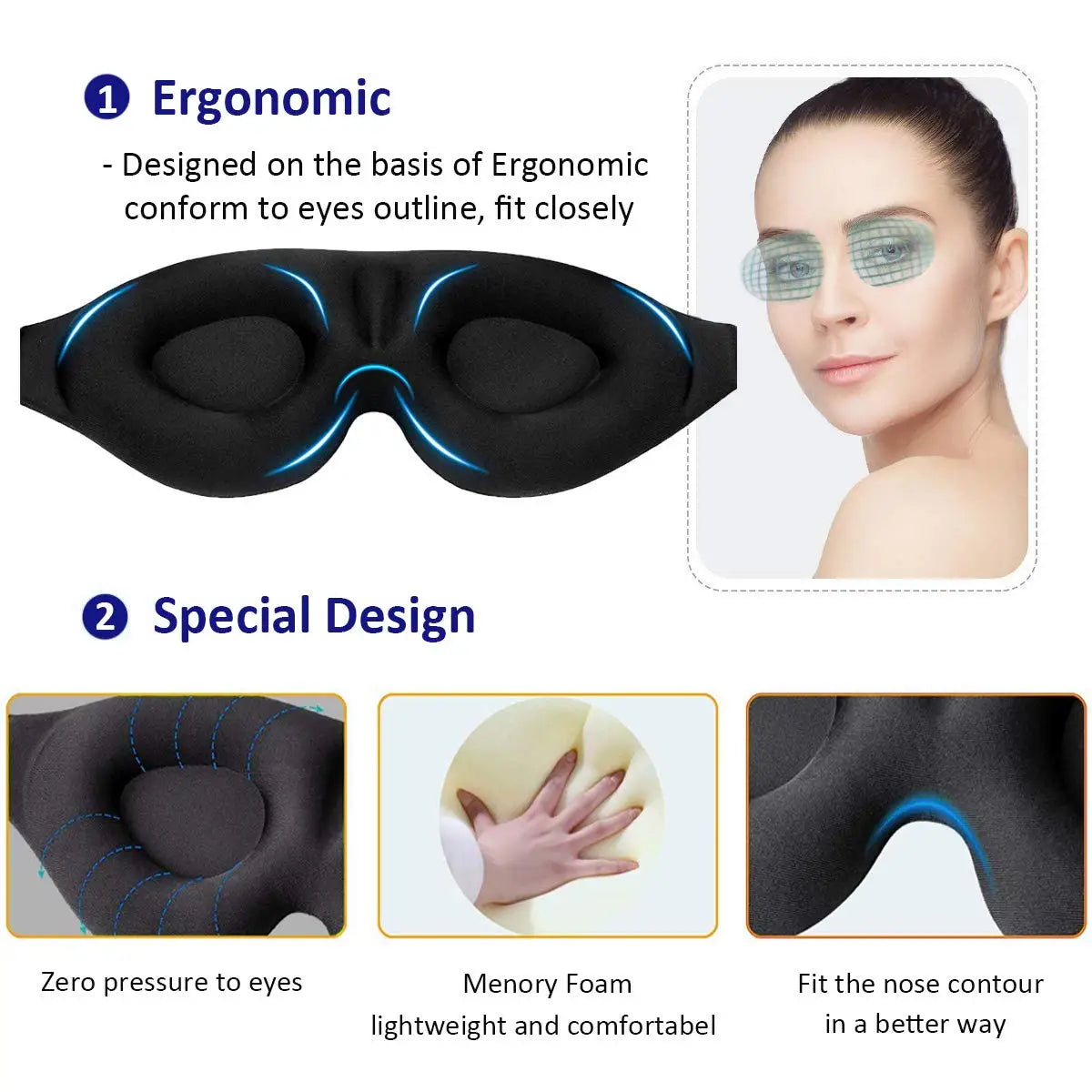 Sleep Mask for Side Sleeper, Eye Mask for Sleeping Women Men, 3D Contoured Cup No Eye Pressure 100% Light Blocking Sleeping Mask with Adjustable Strap Night Blindfold Flight, Travel, Nap, Black